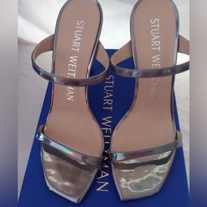 $450 STUART WEITZMAN Aleena 4.75" Heel GUNMETAL LEATHER STRAPPY SLIDE